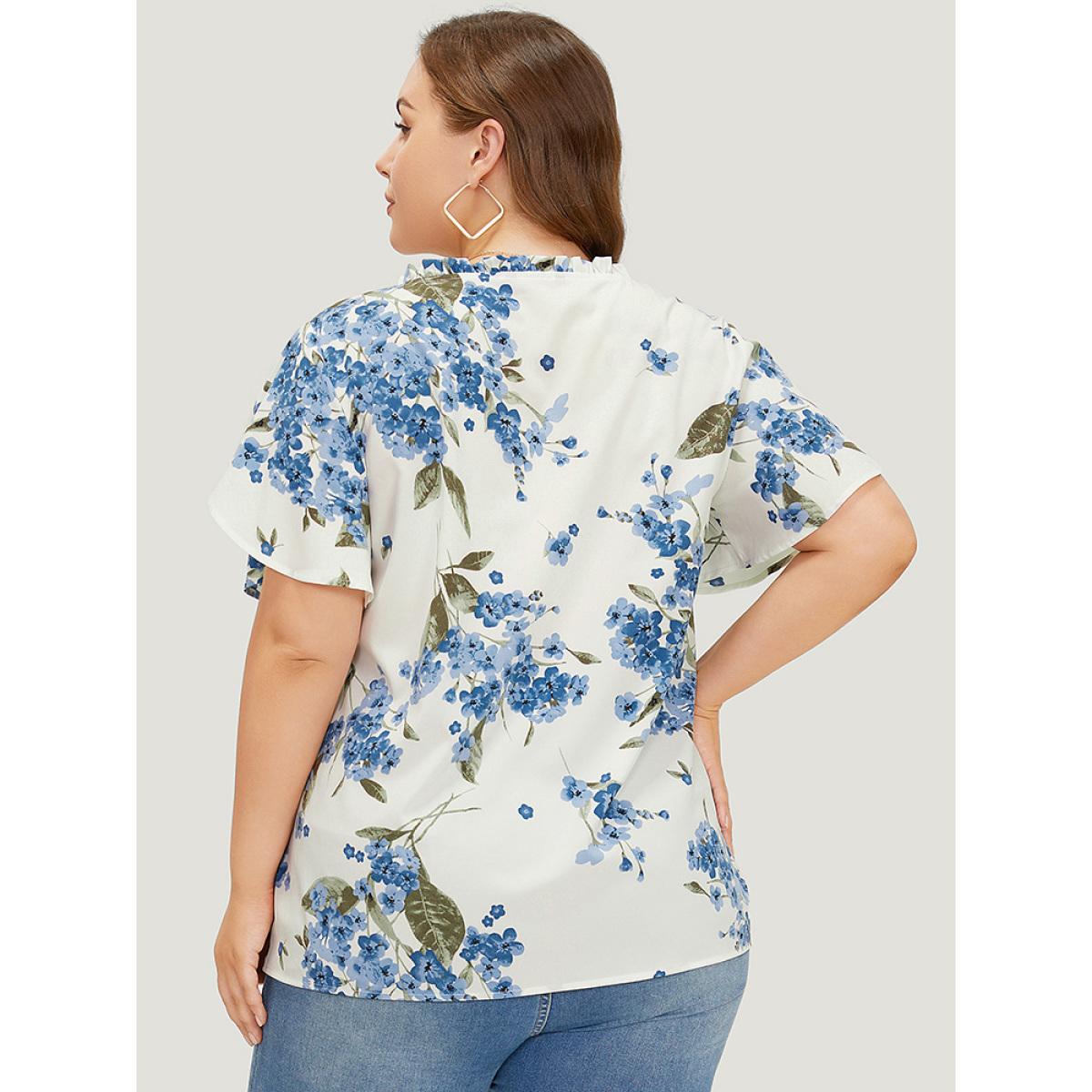 Plus Size White Floral Frill Trim Petal Sleeve Blouse Women Elegant Short sleeve V-neck Dailywear Blouses BloomChic 18-20/2X Product Image