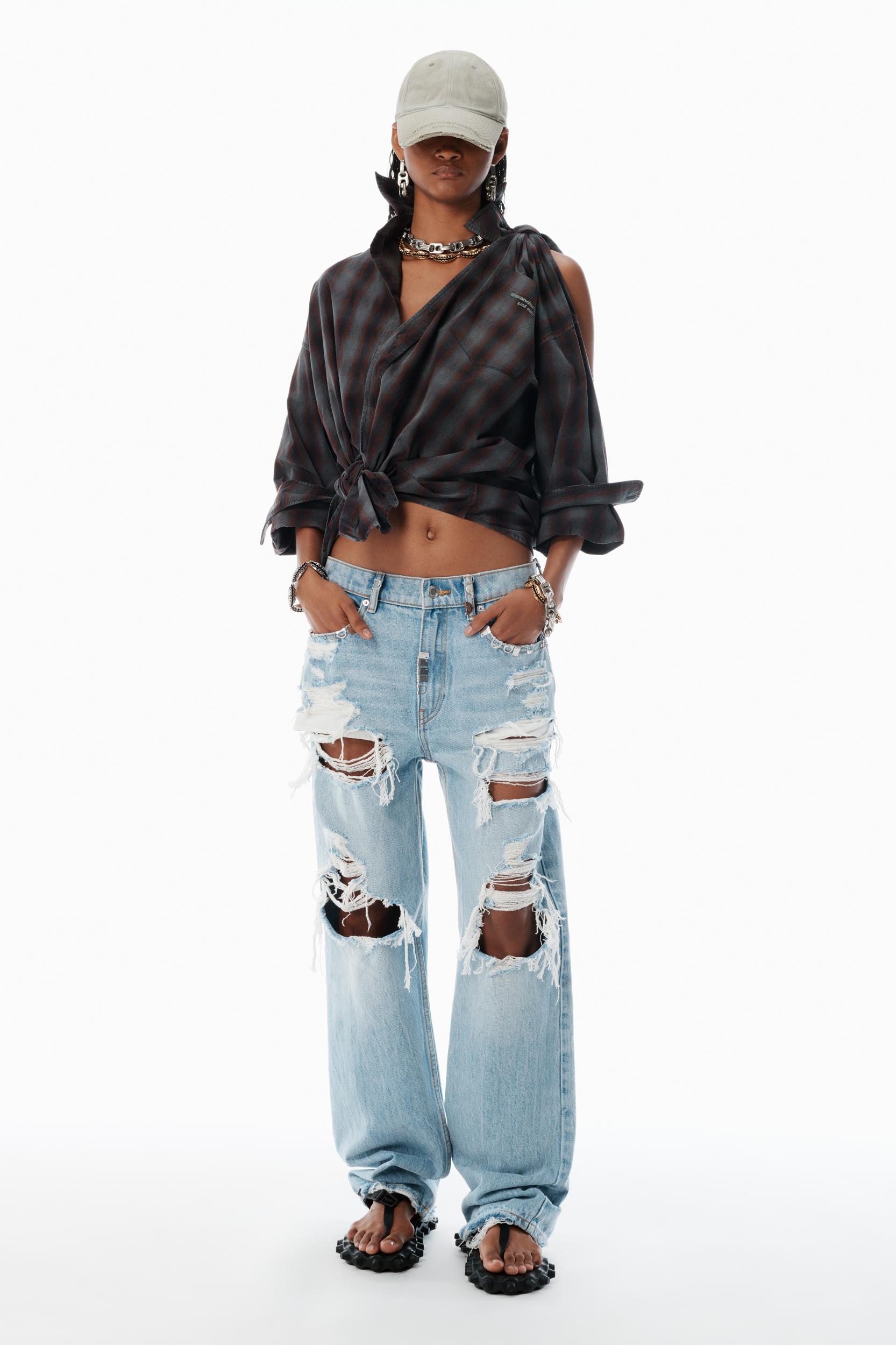 Red Plaid Asymmetric Button Up Shirt Product Image