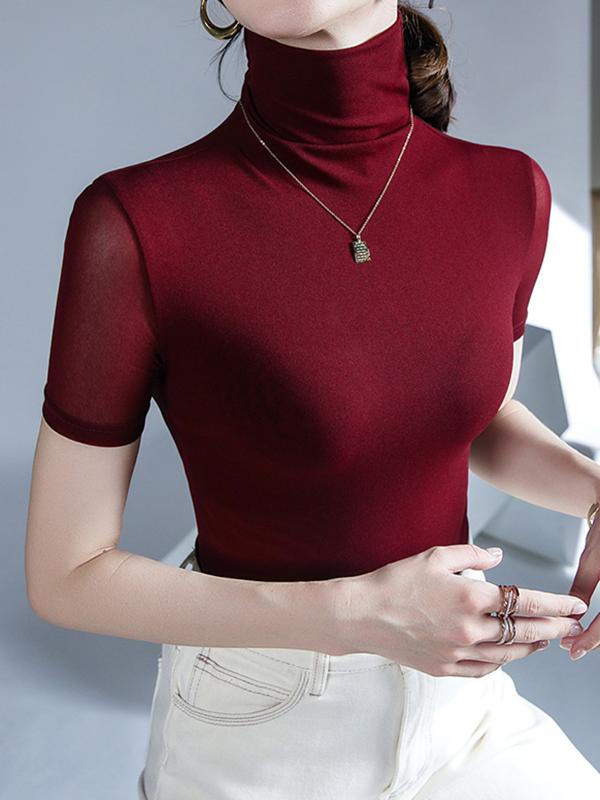 Half Sleeves Skinny Solid Color High Neck T-Shirts Tops Product Image