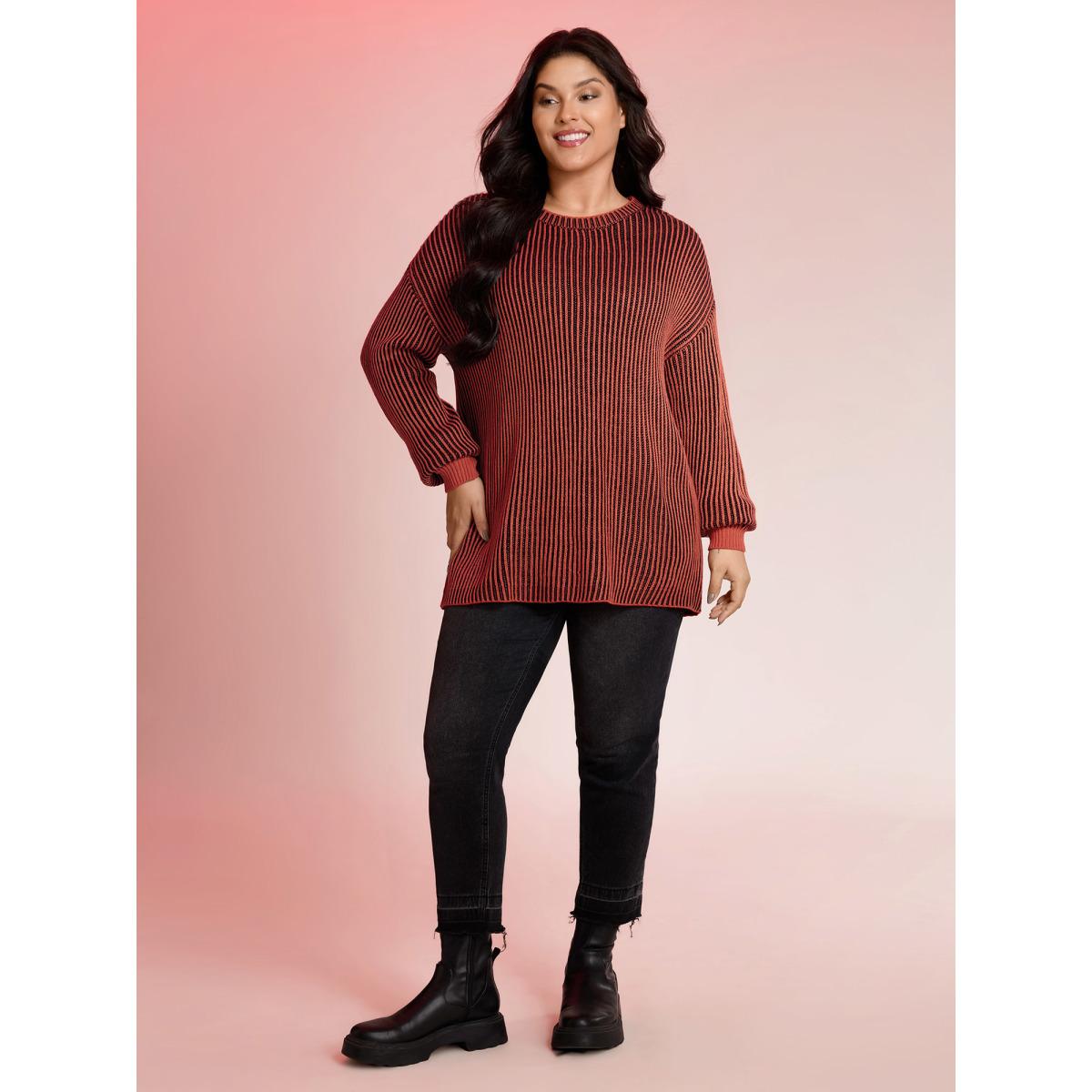 Plus Size Stripe Textured Round Neck Pullover Yellowishbrown Women Leisure Loose Long Sleeve Round Neck Casual Pullovers BloomChic 12/L Product Image