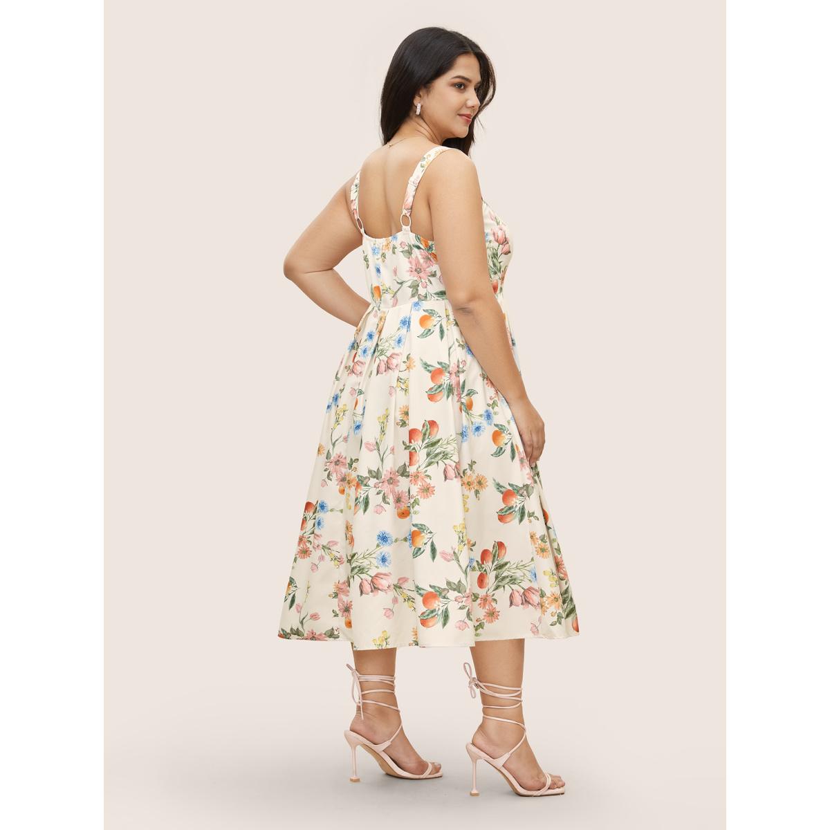 Plus Size Citrus Orange Print Plicated Detail Cami Dress Apricot Women Elegant Pleated Non Sleeveless Curvy BloomChic 18-20/2X Product Image