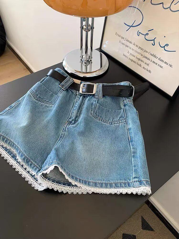 High Waist Washed Lace Trim Denim Shorts Product Image