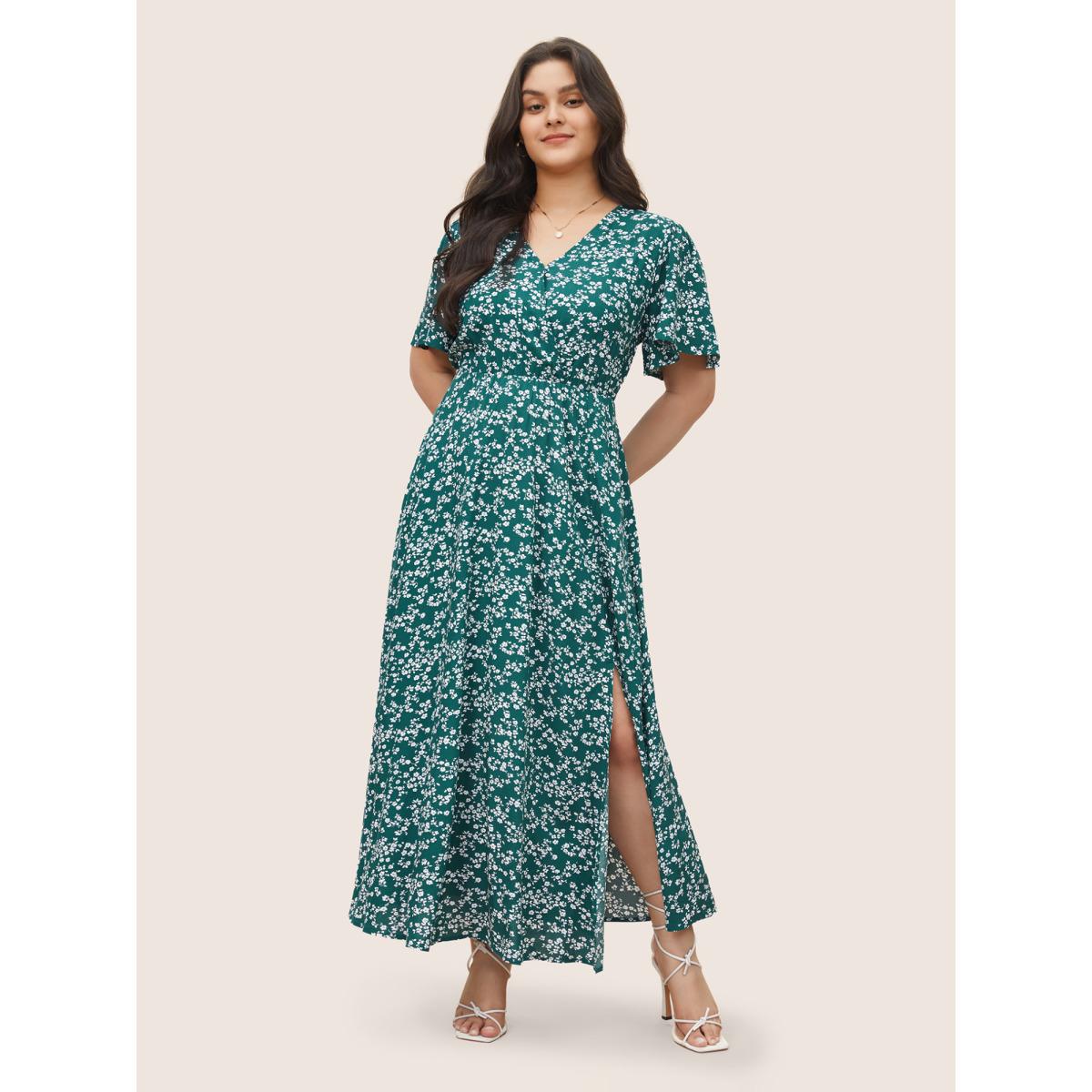 Plus Size Bloom Dress - Flutter Sleeve Ditsy Floral Pocket Split Maxi Dress LightGreen Women Romantic Slit V-neck Half Sleeve Curvy Long Dress BloomChic 10/M Product Image