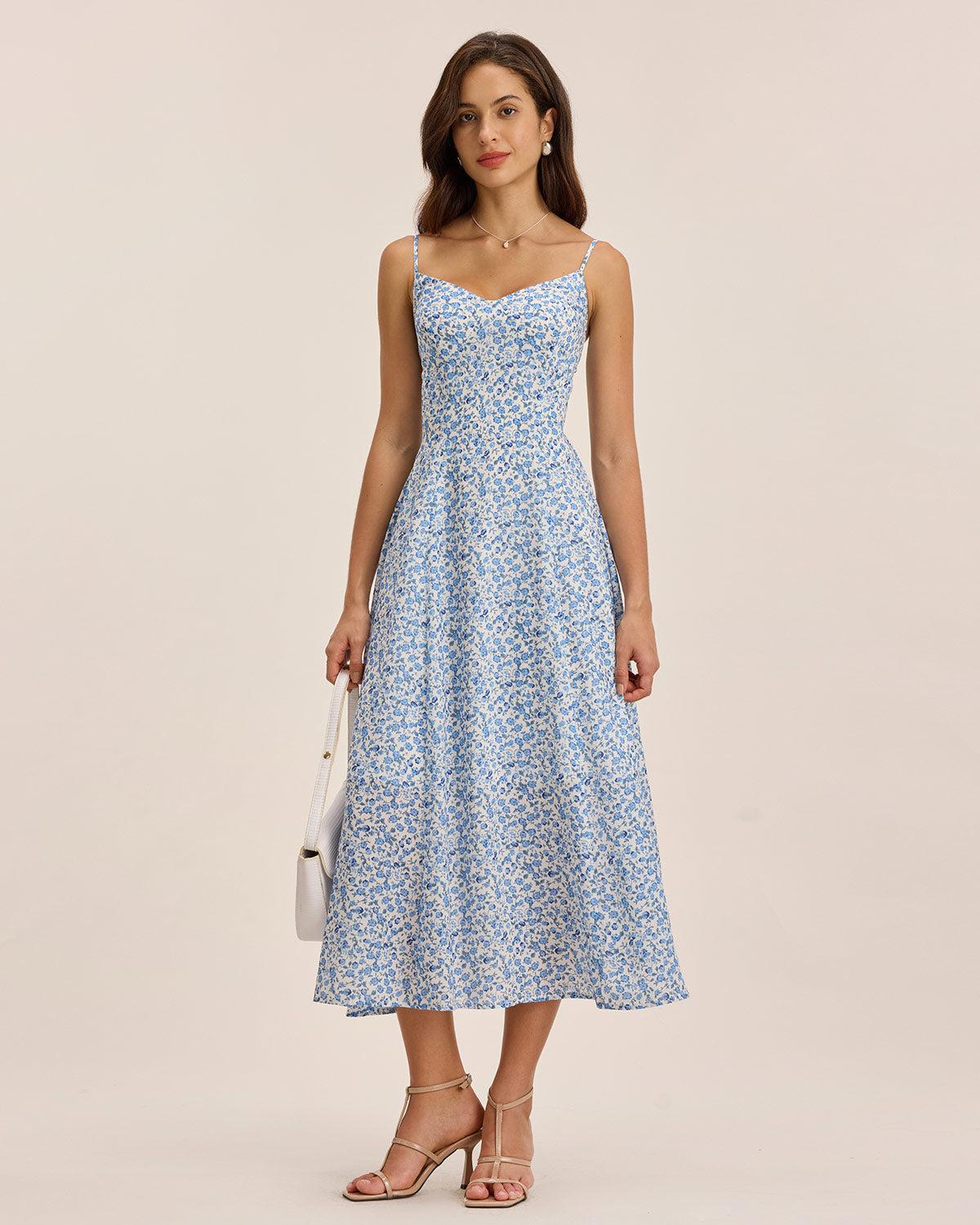 Blue Floral V Neck Shirred Slip Midi Dress Product Image
