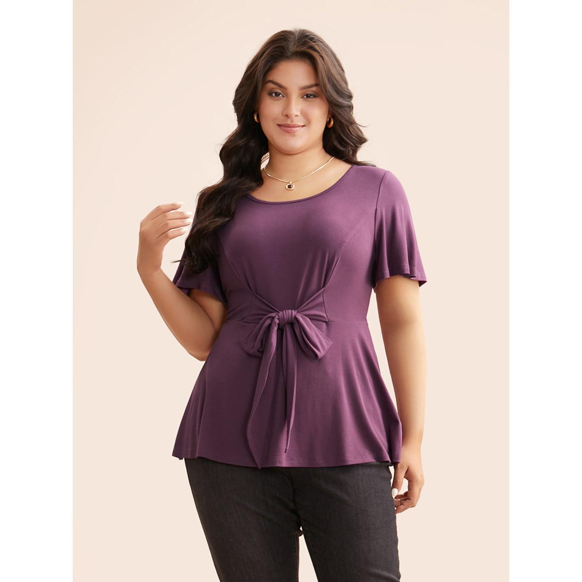 Plus Size Supersoft Essentials Flutter Sleeve Tie Knot T-shirt Mauve Women Elegant Tie knot Round Neck Bodycon Everyday T-shirts BloomChic 22-24/3X Product Image