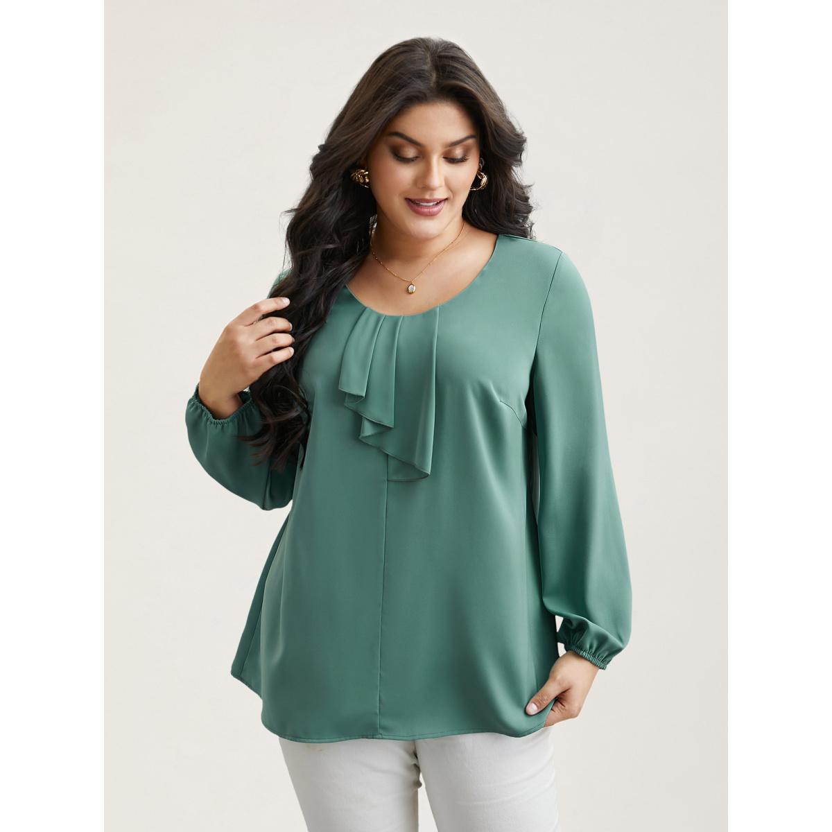 Plus Size Greenbean Ruffle Frill Trim Plain Lantern Sleeve Blouse Women Elegant Extra Long Sleeve Asymmetrical Neck Everyday Blouses BloomChic 22-24/3X Product Image