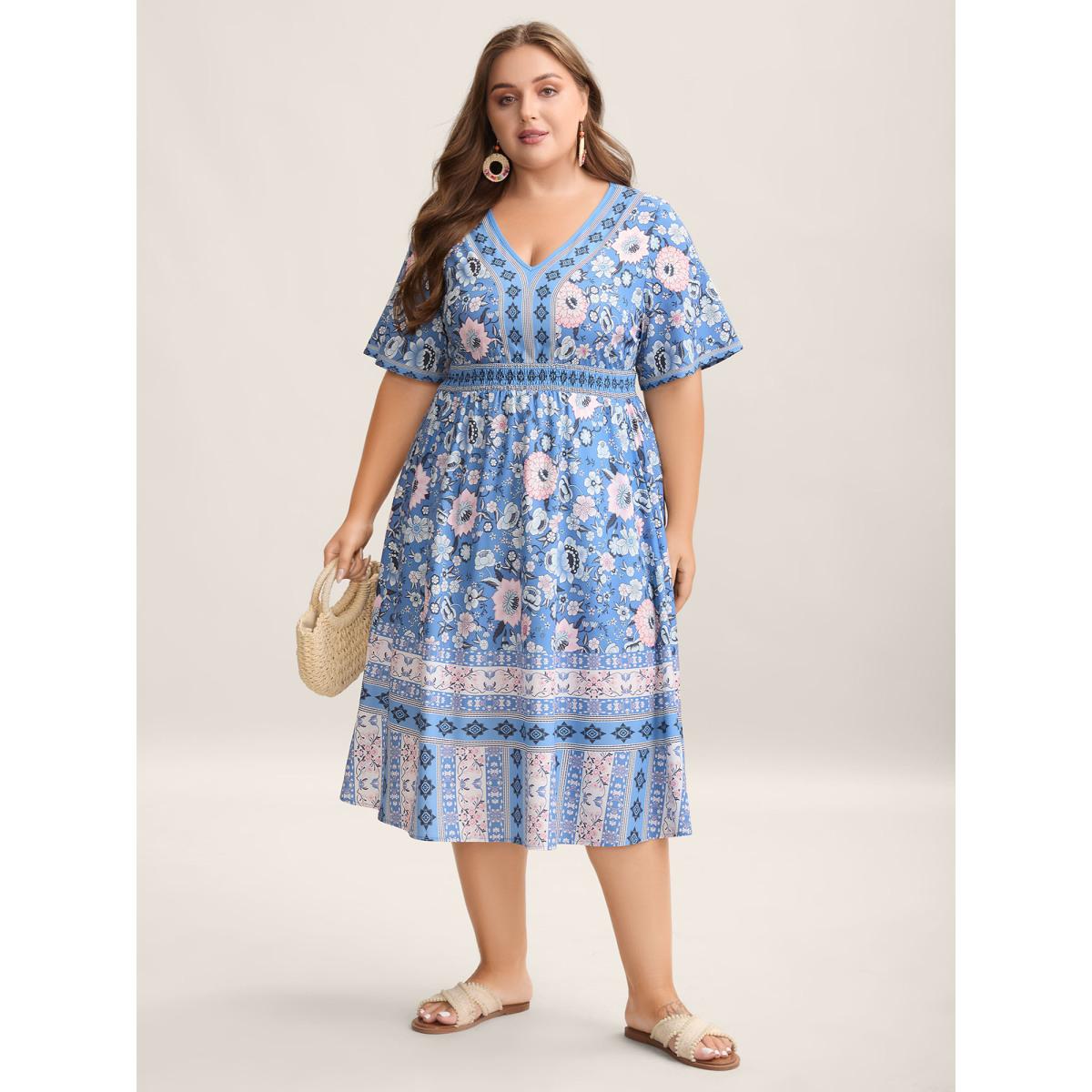 Plus Size Boho Print Pockets V-Neck Midi Dress Mediumblue Women Boho Shirred V-neck Half Sleeve Curvy BloomChic 14-16/1X Product Image