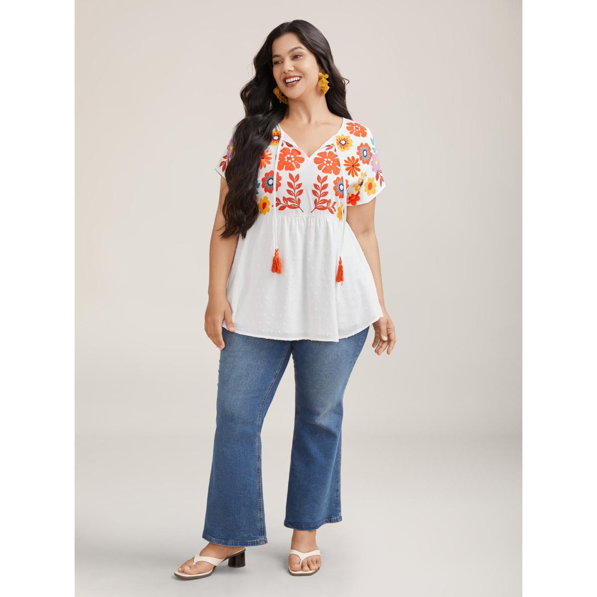 Plus Size WhiteSmoke Floral Print Neck-Tie Babydoll Top Women Resort Short sleeve Non Vacation Blouses BloomChic 28/5X Product Image