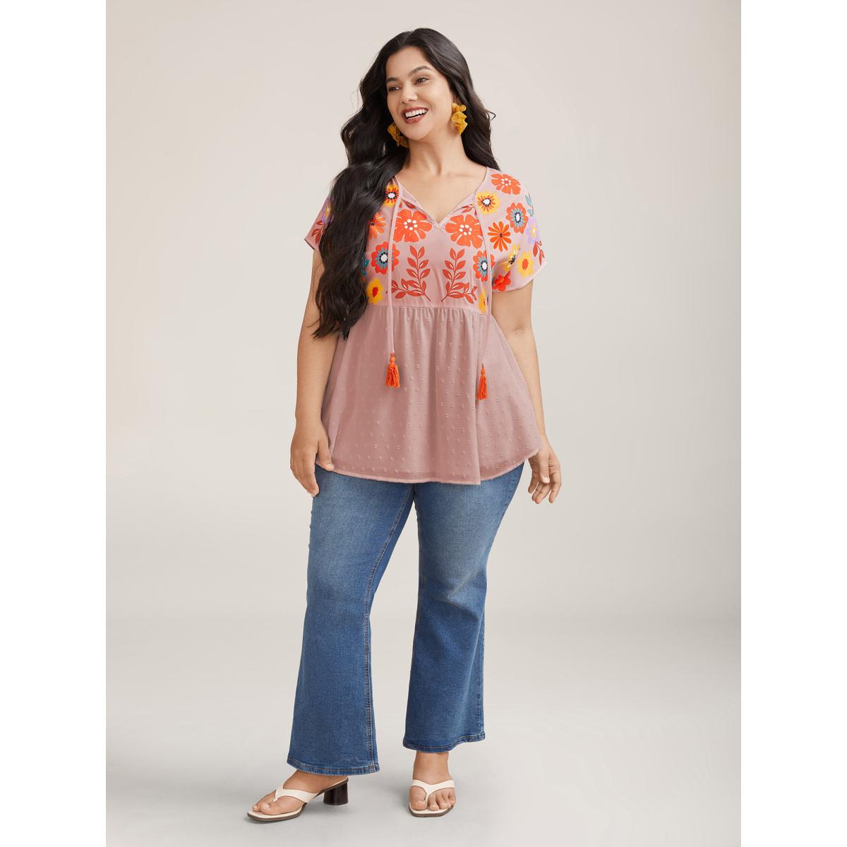 Plus Size Dirtypink Floral Print Neck-Tie Babydoll Top Women Resort Short sleeve Non Vacation Blouses BloomChic 26/4X Product Image