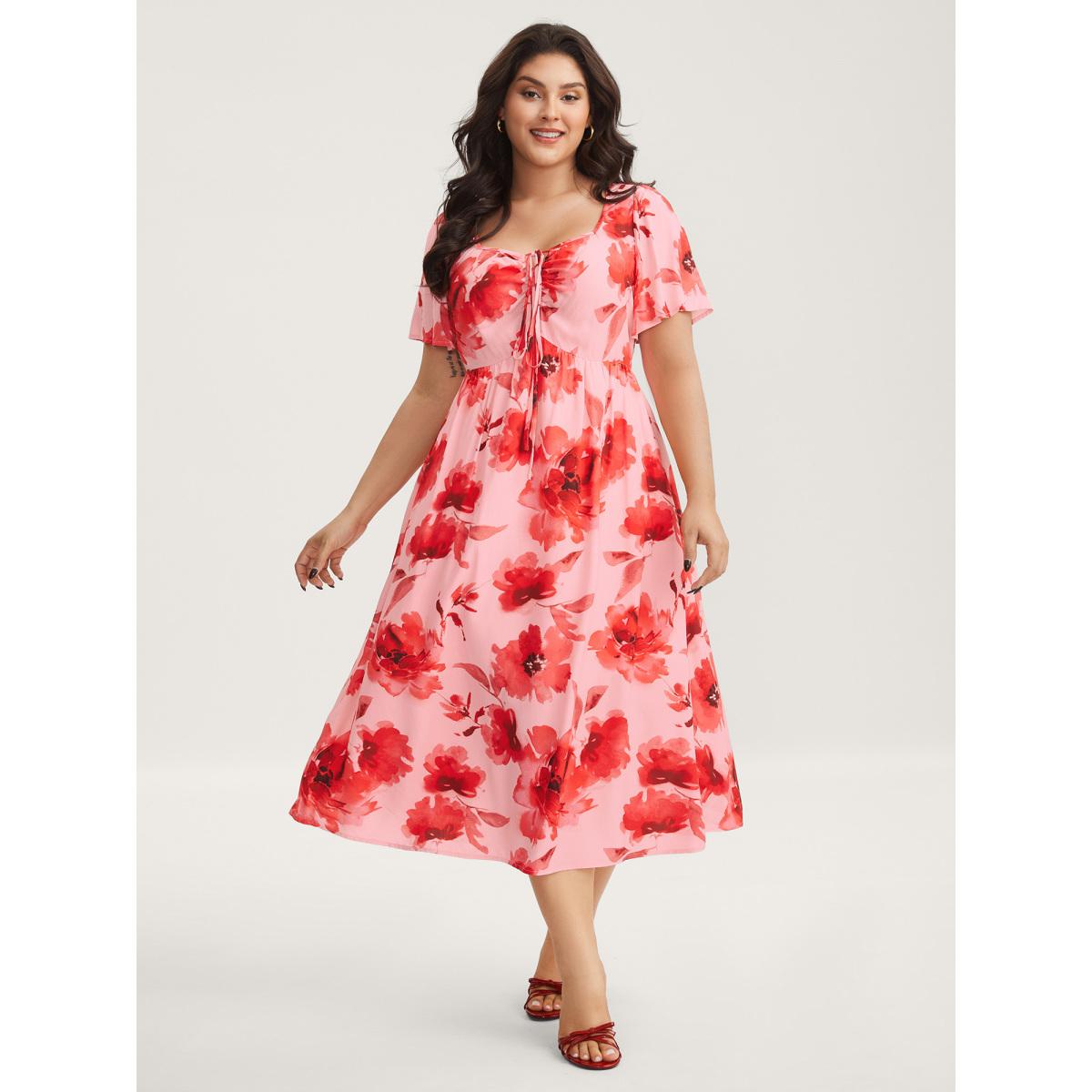 Plus Size Rayon Romantic Floral Print Drawstring Midi Dress Lightpink Women Heart neckline Short sleeve Curvy BloomChic 14-16/1X Product Image