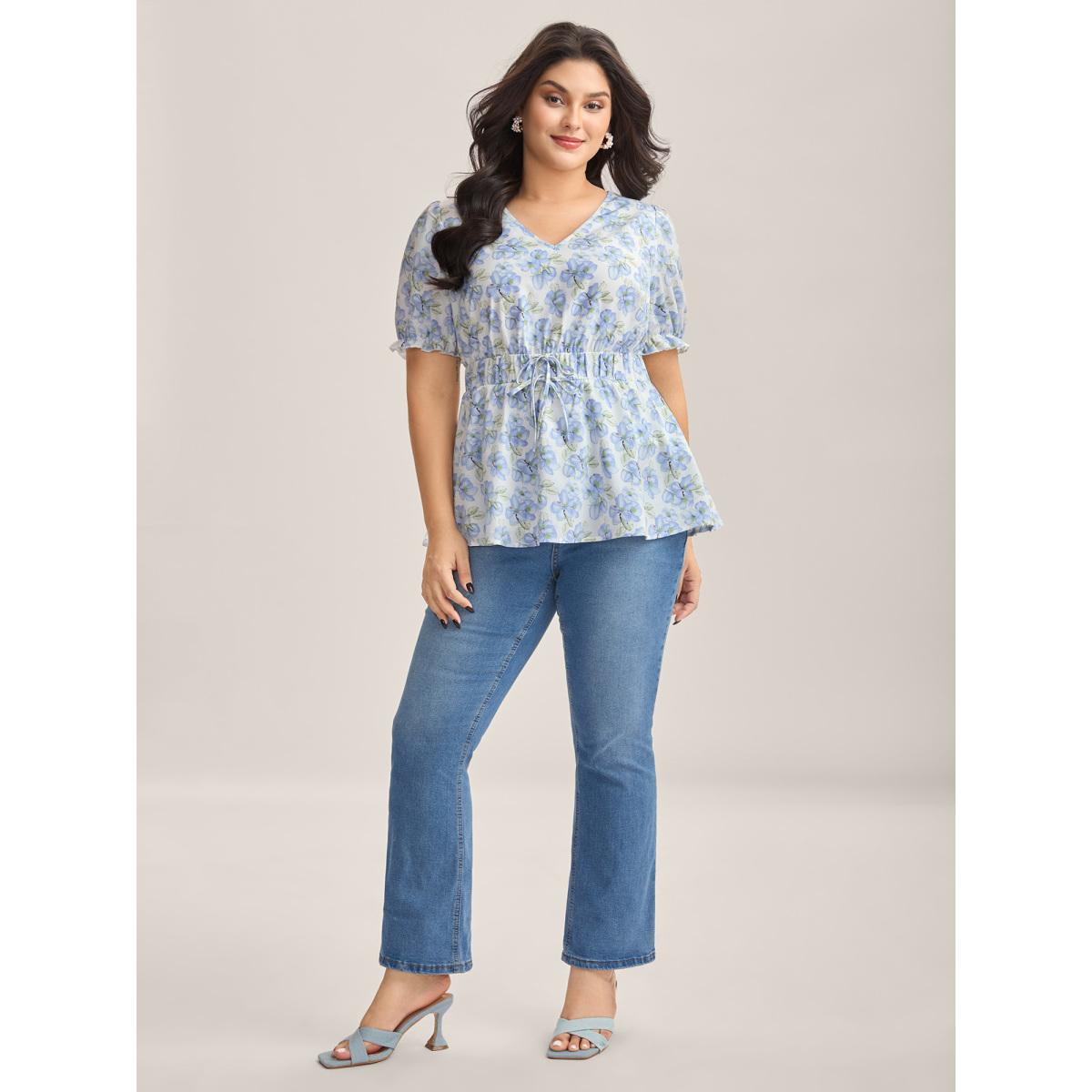 Plus Size Skyblue Breezy Floral Print Drawstring Babydoll Top Women Short sleeve V-neck Everyday-Elegant Blouses BloomChic 12/L Product Image