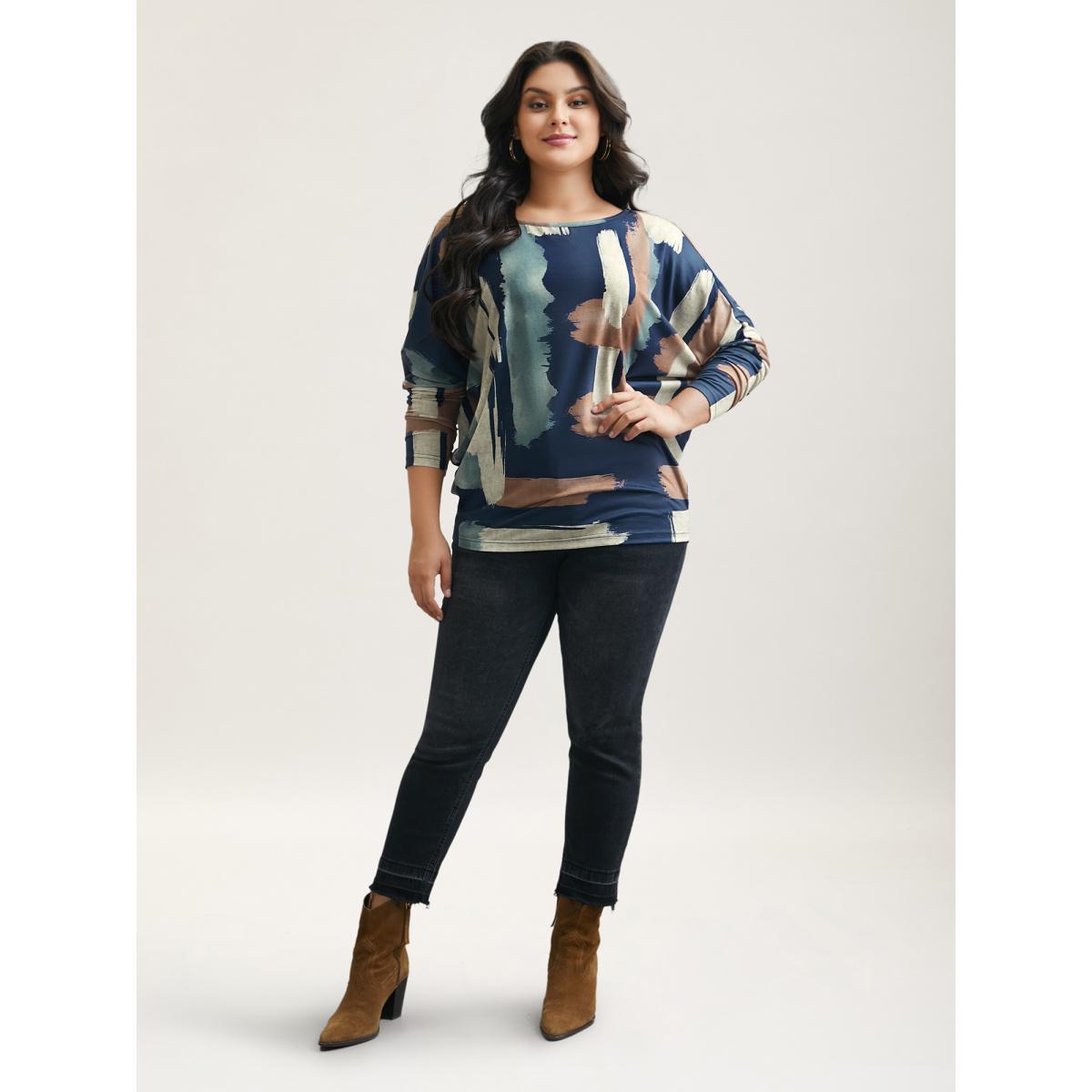Plus Size Abstract Print Dolman Sleeve T-Shirt Multicolor Women Casual Contrast Boat Neck Everyday T-shirts BloomChic 18-20/2X Product Image