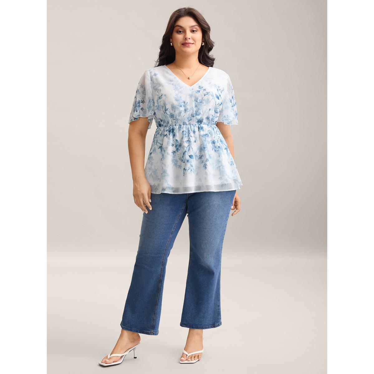 Plus Size Ivory Floral Print Waist-Tie Flared Shirt Women Short sleeve V-neck Everyday-Elegant Blouses BloomChic 12/L Product Image