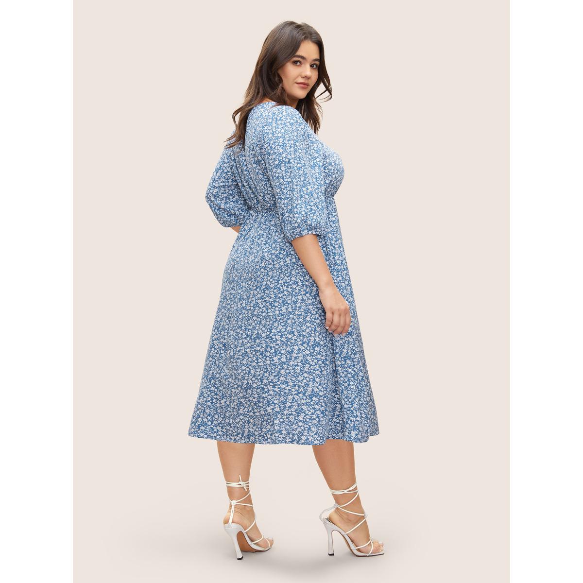 Plus Size Ditsy Floral Print Square Neck Split Hem Dress Cerulean Women Timeless Non Square Neck Elbow-length sleeve Curvy Midi Dress BloomChic 18-20/2X Product Image