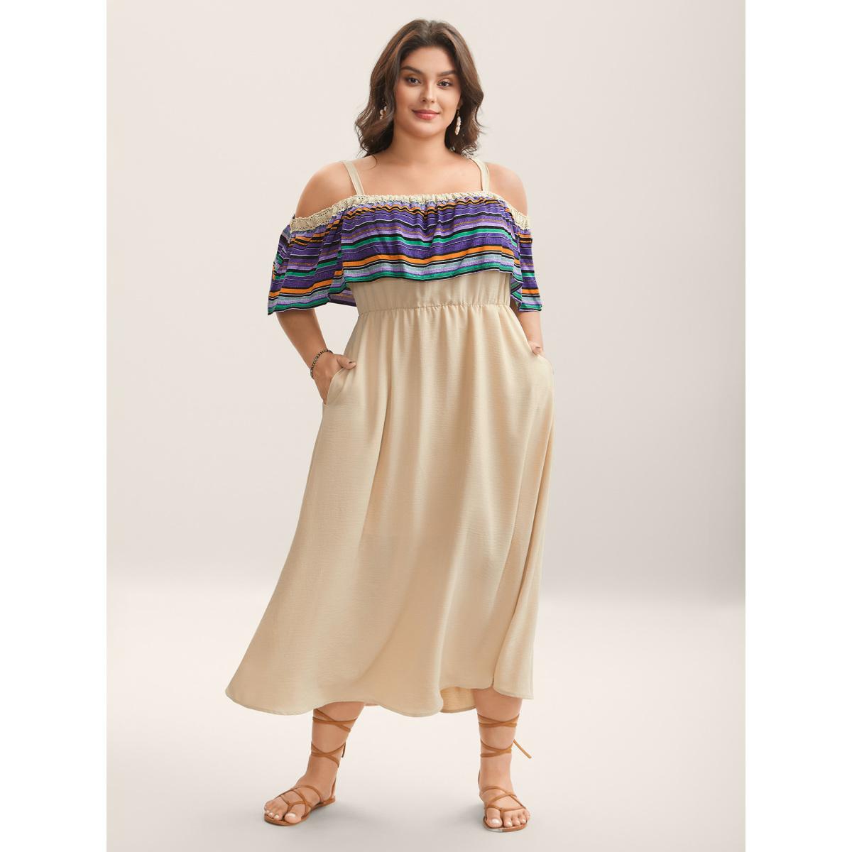 Plus Size Cold-Shoulder Textured Striped Pockets Midi Dress Apricot Women One-shoulder neck Sleeveless Curvy BloomChic 18-20/2X Product Image