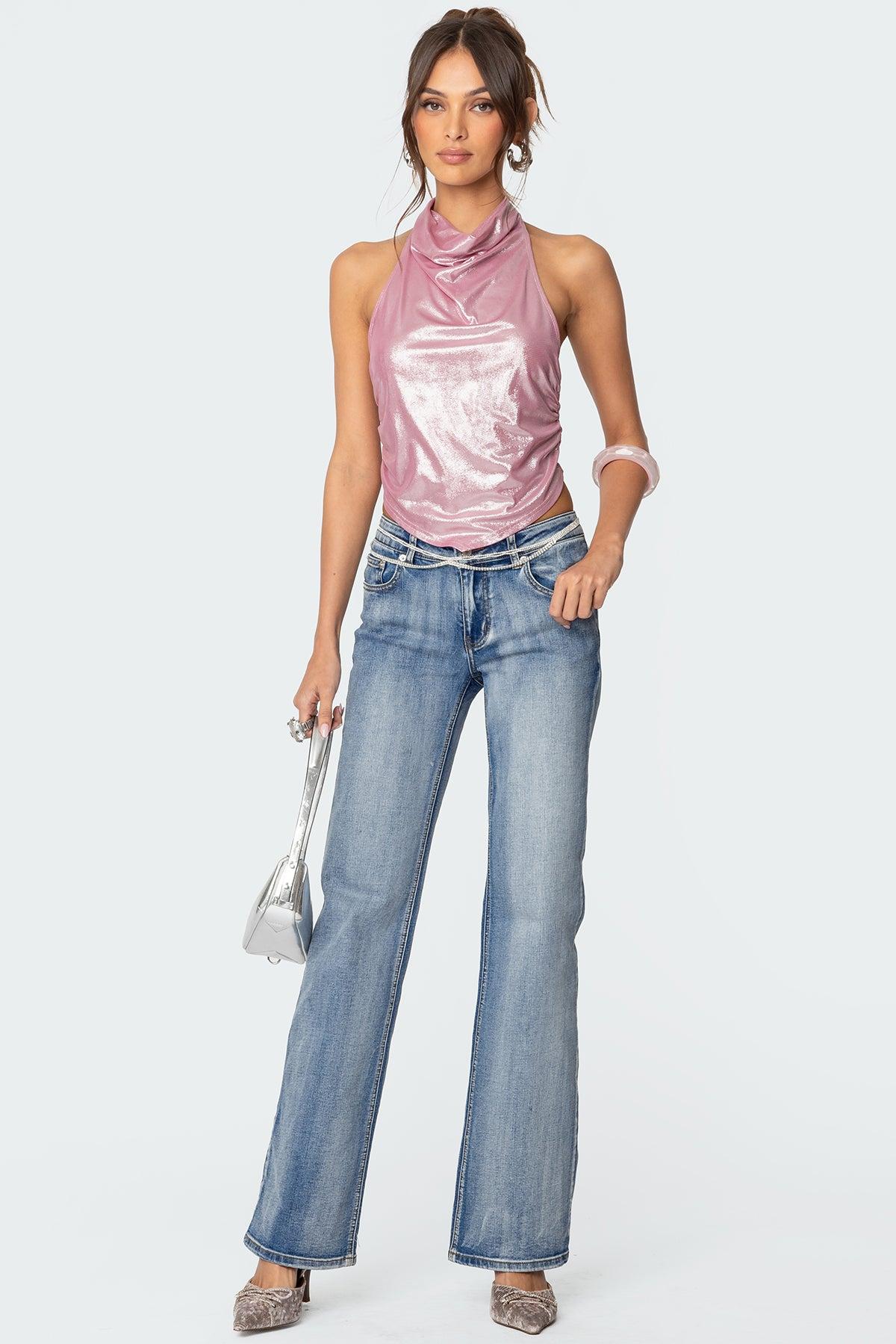 Shiny Backless Cowl Neck Top Product Image