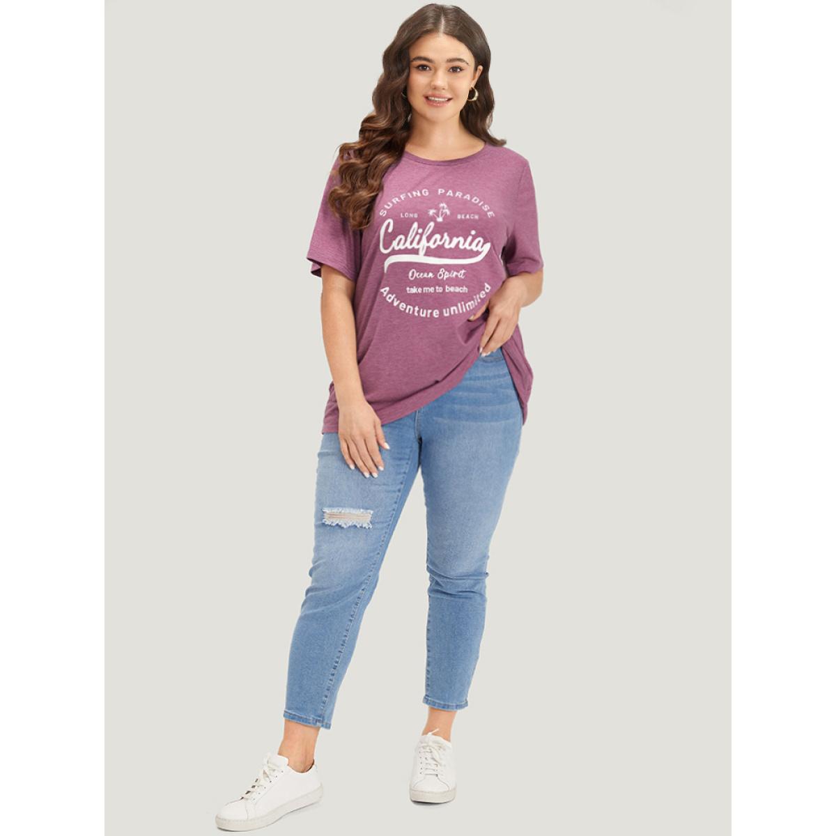 Plus Size Letter Print Heather Round Neck T-shirt Mauve Women Casual Printed Letter Dailywear T-shirts BloomChic 26/4X Product Image
