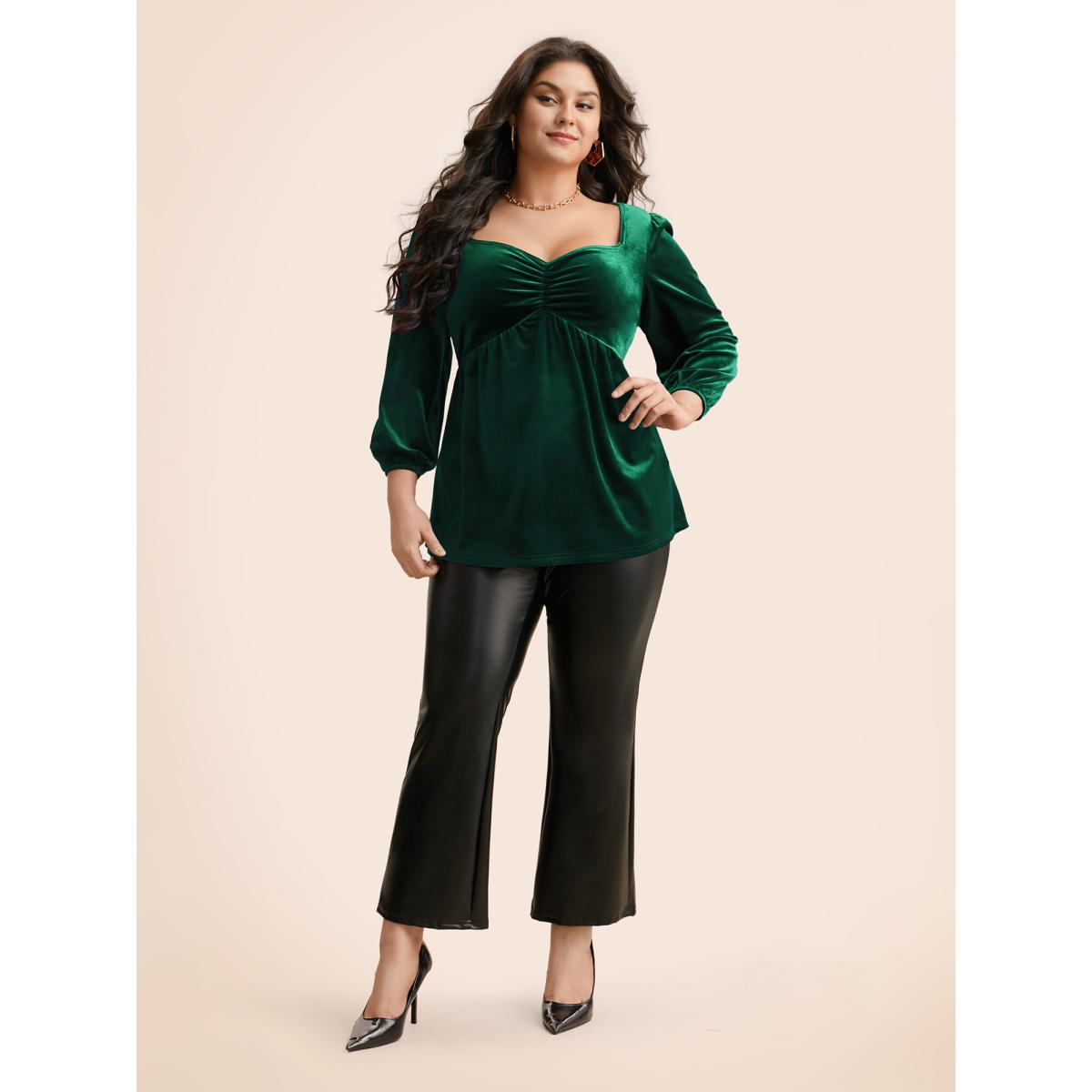 Plus Size DarkGreen Velvet Heart Neckline Gathered Blouse Women Timeless Three Quarter Length Sleeve Heart neckline Elegant Blouses BloomChic 10/M Product Image