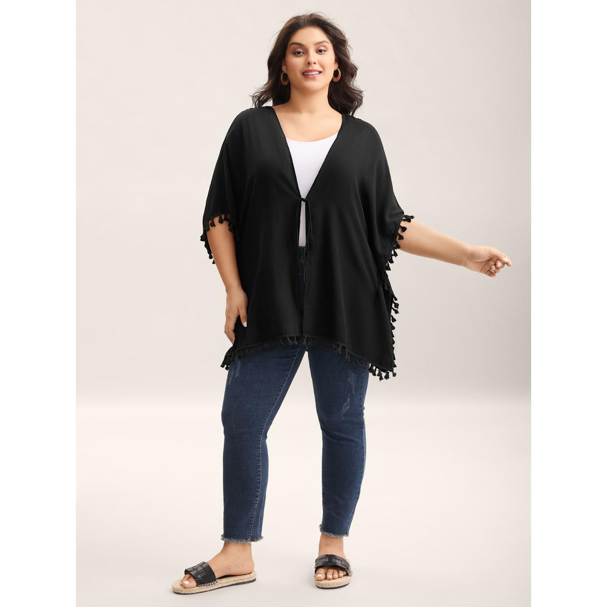 Plus Size Backless Front-Tie Tassels Kimono Women Black Tie knot Loose Vacation Kimonos BloomChic 10/M Product Image