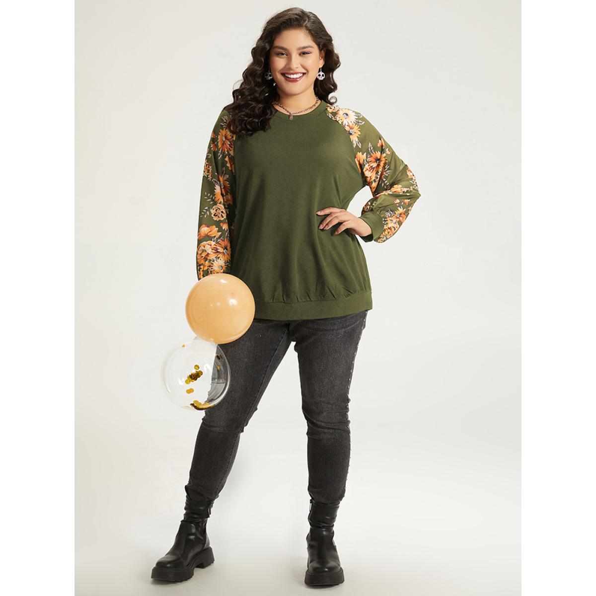 Plus Size Halloween Floral Patchwork Print Raglan Sleeve Sweatshirt Women ArmyGreen Casual Elastic cuffs Round Neck Festival-Halloween Sweatshirts BloomChic 14-16/1X Product Image