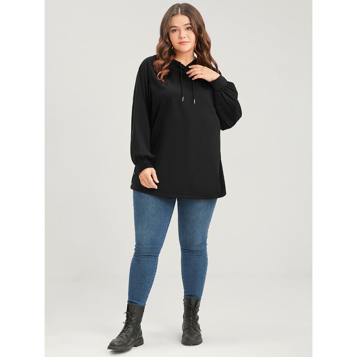 Plus Size Solid Button Side Drop Shoulder Hooded Sweatshirt Women Black Casual Button Hooded Dailywear Sweatshirts BloomChic 12/L Product Image