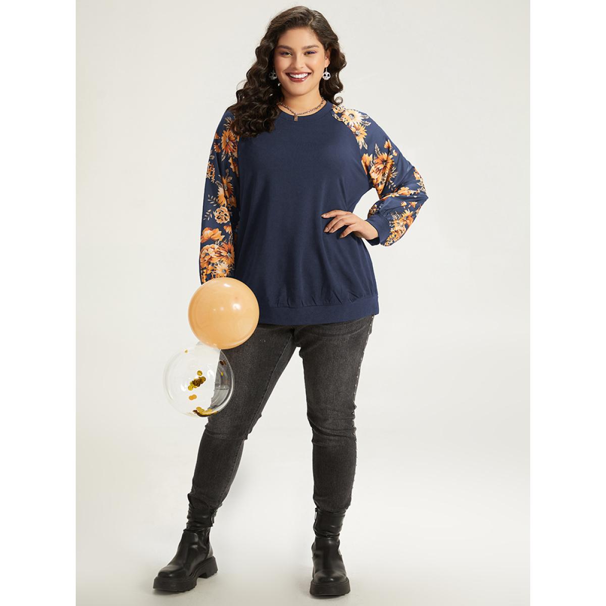 Plus Size Halloween Floral Patchwork Print Raglan Sleeve Sweatshirt Women Blue Leisure Elastic cuffs Round Neck Casual Sweatshirts BloomChic 14-16/1X Product Image