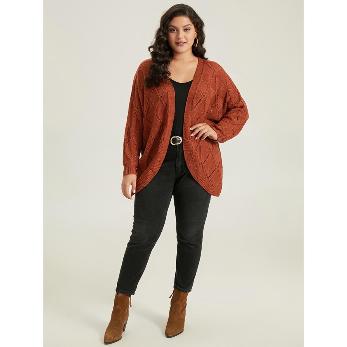 Plus Size Geometric Hollow Out Open Front Cardigan Rust Women Casual Loose Long Sleeve Dailywear Cardigans BloomChic 12/L Product Image