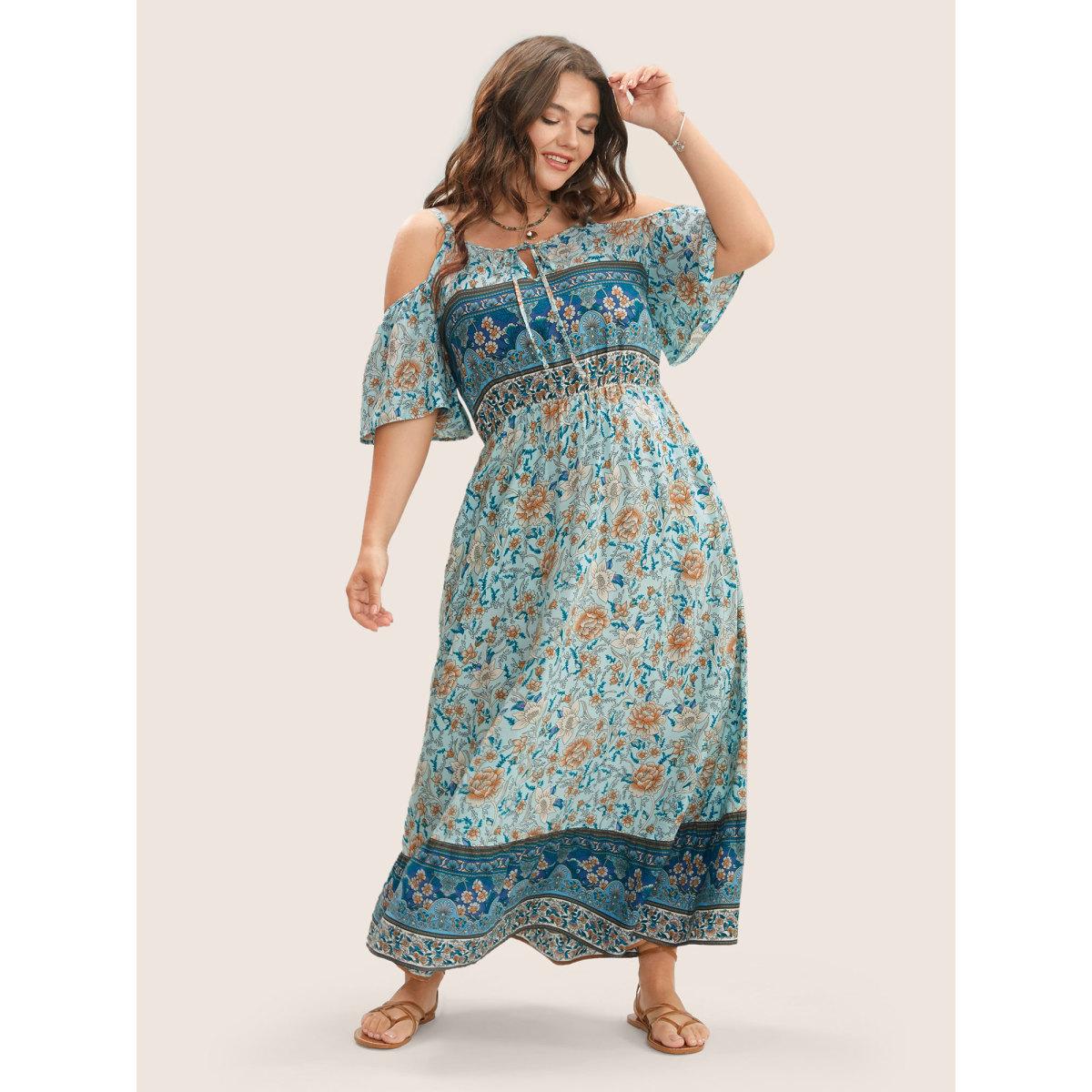 Plus Size Floral Print Pocket Keyhole Ruffles Cold Shoulder Maxi Dress Emerald Women Boho Non Non Half Sleeve Curvy Long Dress BloomChic 18-20/2X Product Image