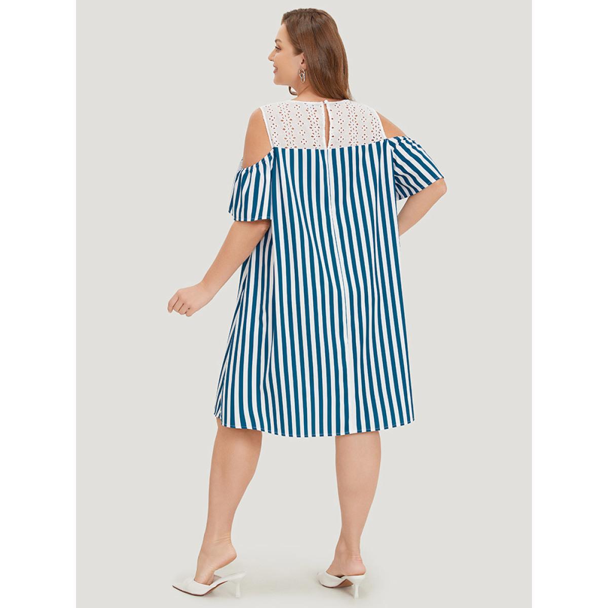 Plus Size Laser Cut Pocket Striped Patchwork Keyhole Dress Aegean Women Office Patchwork Round Neck Short sleeve Curvy Knee Dress BloomChic 18-20/2X Product Image