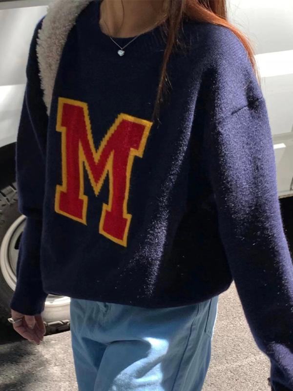 Contrast Color Letter Jacquard Knit Sweater Product Image