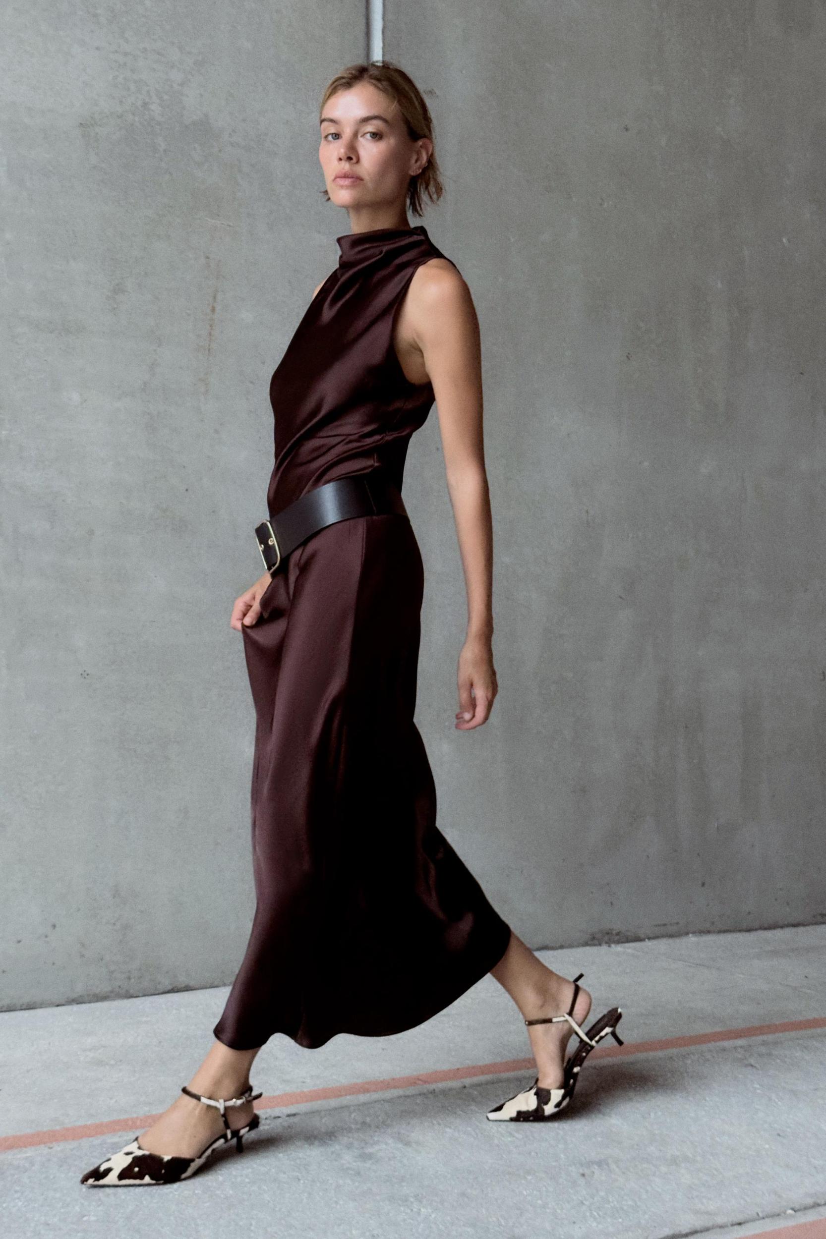 BELTED SATIN MIDI DRESS Product Image