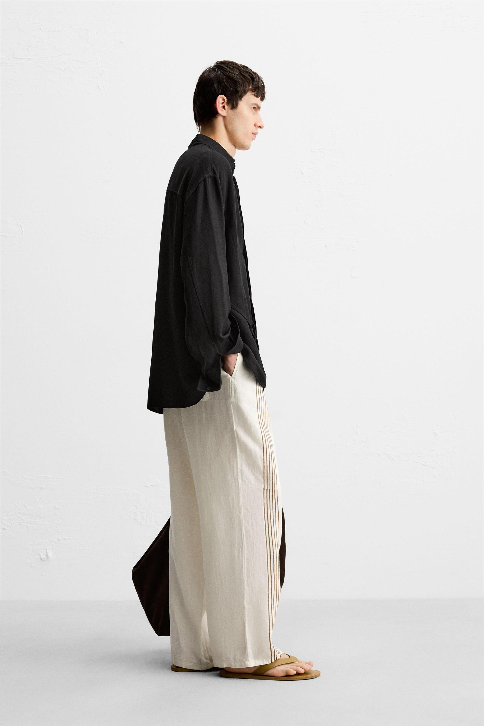 100% LINEN EMBROIDERED PANTS Product Image