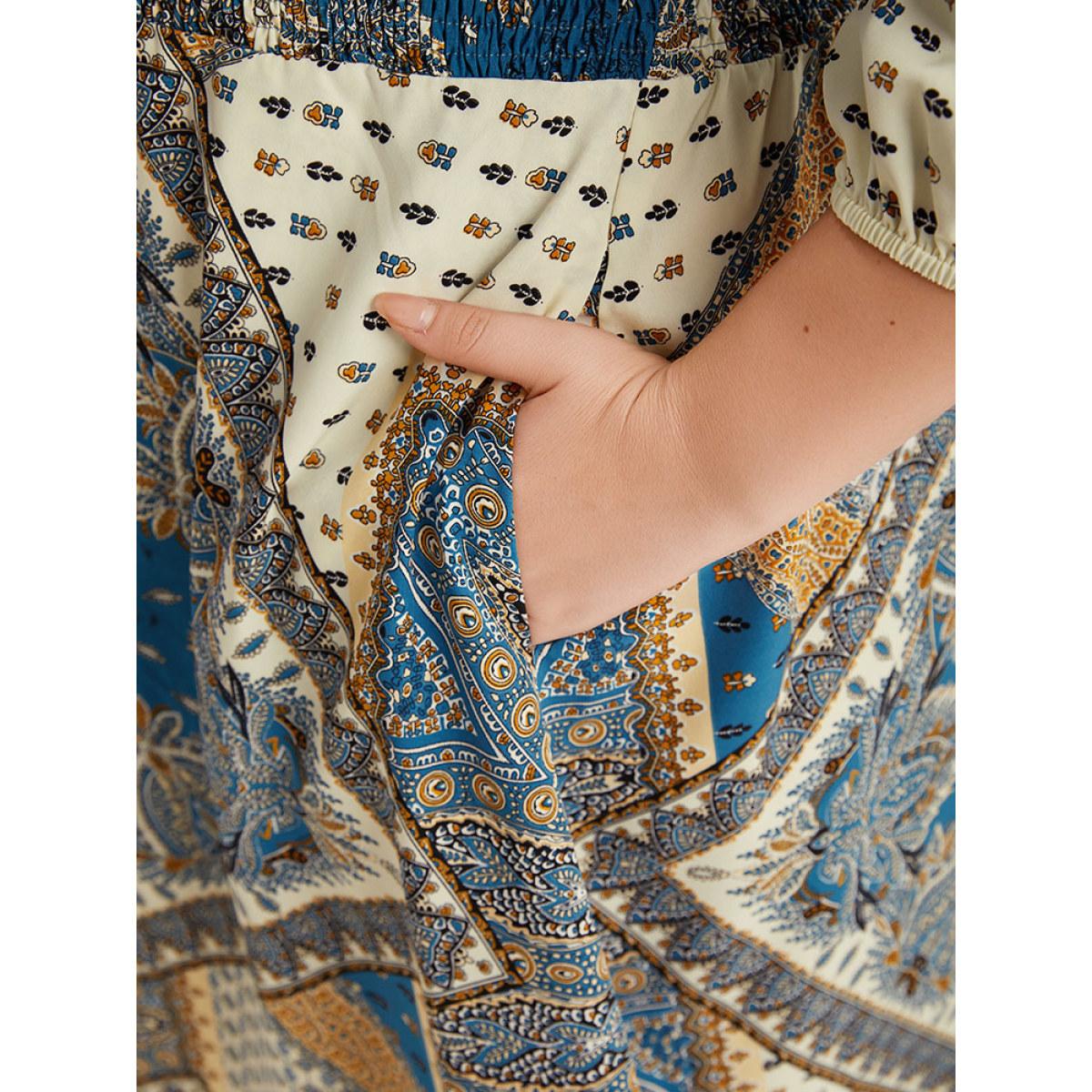 Plus Size Bandana Print Notched Lantern Sleeve Dress Cerulean Women Vacation Elastic cuffs Notched collar Elbow-length sleeve Curvy Midi Dress BloomChic 26/4X Product Image