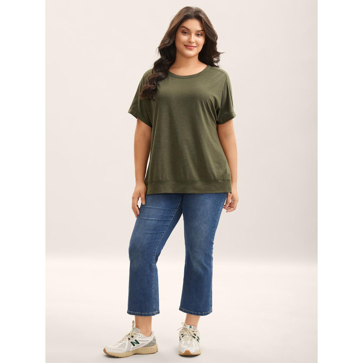 Plus Size Backless Plain Flowy T-Shirt ArmyGreen Women Overlapping Round Neck Everyday-Casual T-shirts BloomChic 12/L Product Image