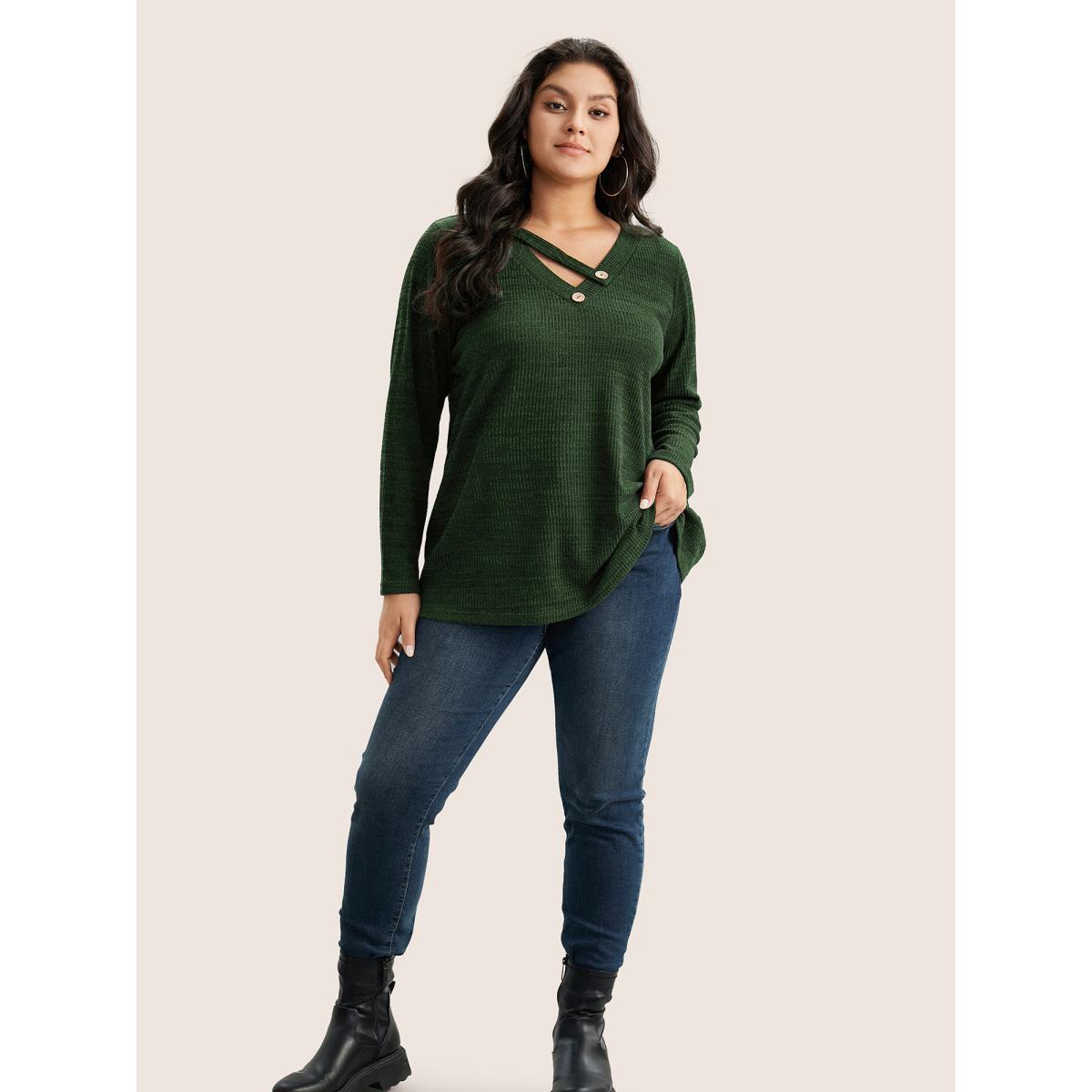 Plus Size Solid Rib Knit Button Detail T-shirt Red Women Leisure Non Plain V-neck Casual T-shirts BloomChic 12/L Product Image