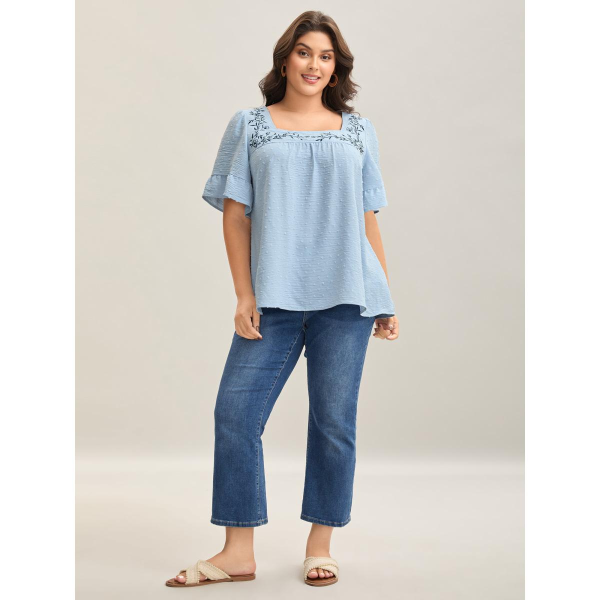 Plus Size LightBlue Textured Floral Embroidered Flared Sleeve Shirt Women Boho Short sleeve Square Neck Vacation Blouses BloomChic 18-20/2X Product Image