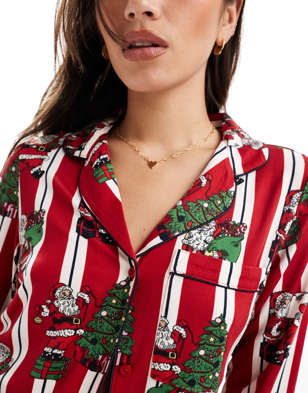 Chelsea Peers poly Christmas His & Hers long sleeve revere and pants pajama set in vintage santa stripe print Product Image