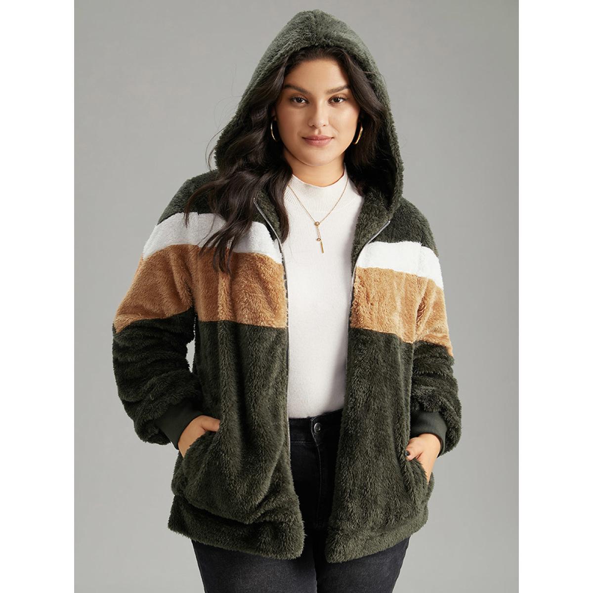 Plus Size Colorblock Contrast Fuzzy Zipper Jacket Women ArmyGreen Elastic cuffs Pocket Everyday Jackets BloomChic 14-16/1X Product Image