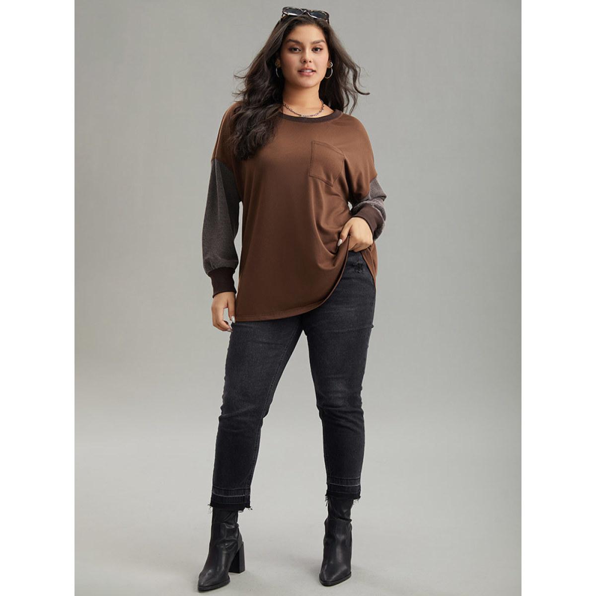 Plus Size Two Tone Patched Pocket Drop Shoulder Sweatshirt Women DarkBrown Casual Elastic cuffs Round Neck Everyday Sweatshirts BloomChic 26/4X Product Image