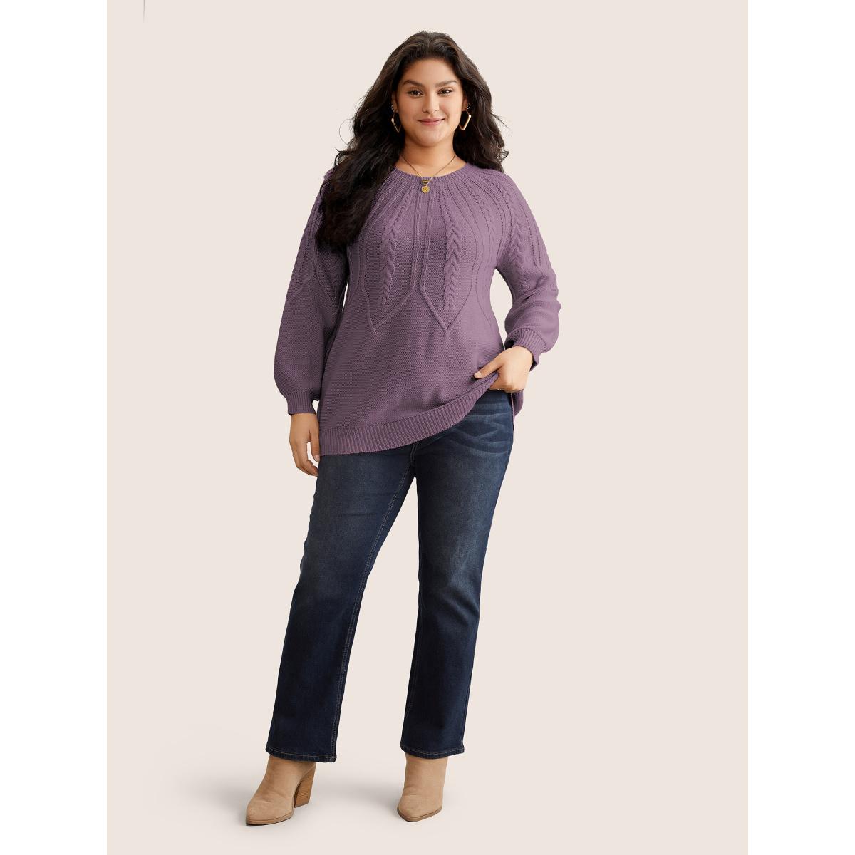 Plus Size Solid Textured Lantern Sleeve Pullover Lilac Women Leisure Long Sleeve Round Neck Casual Pullovers BloomChic 12/L Product Image