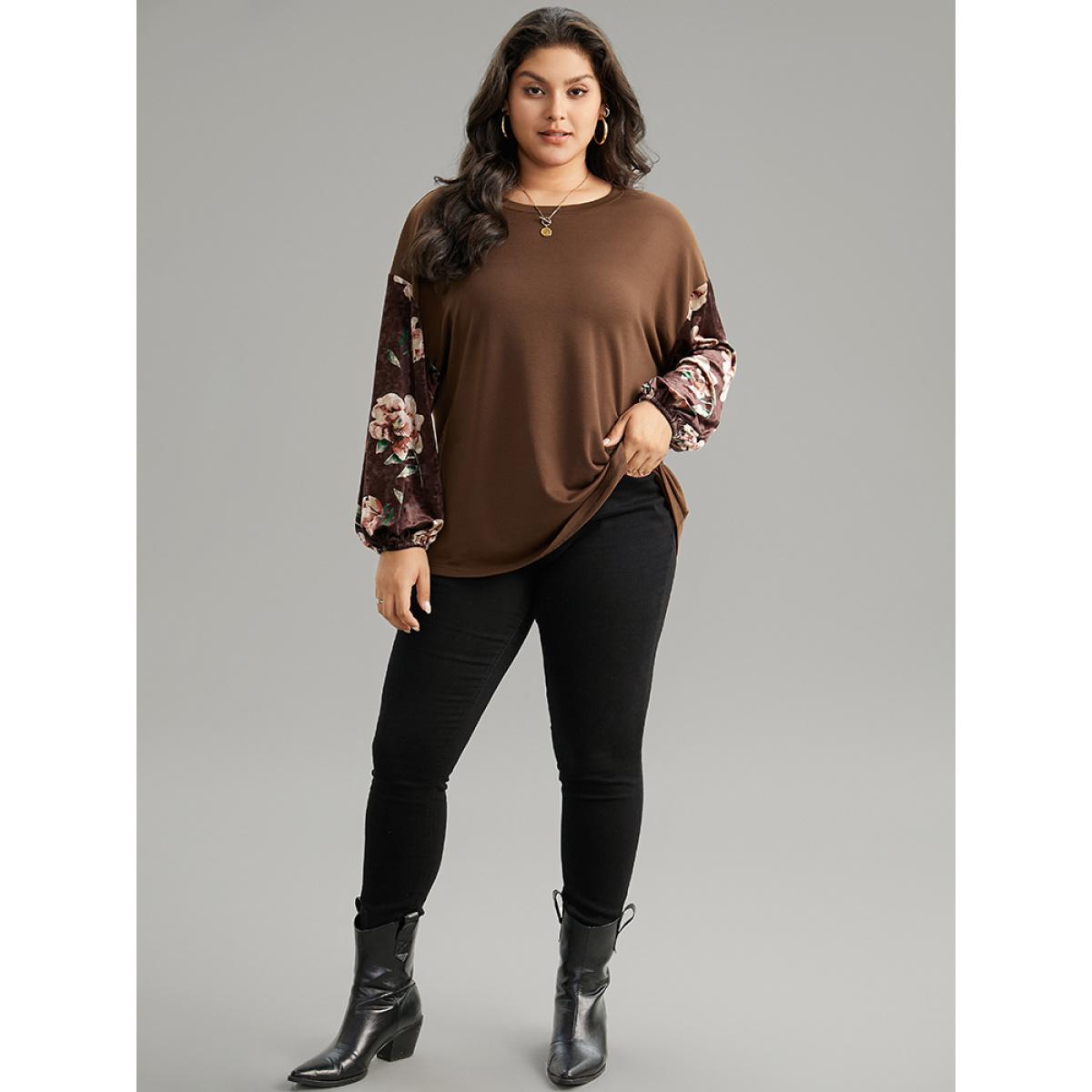 Plus Size Velvet Floral Print Patchwork Contrast Sweatshirt Women DarkBrown Casual Velvet Round Neck Dailywear Sweatshirts BloomChic 30/6X Product Image