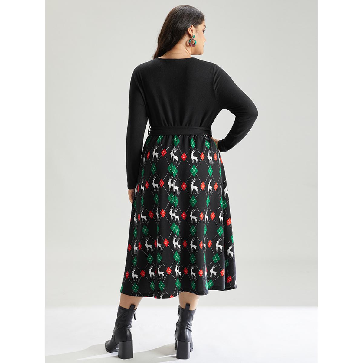 Plus Size Christmas Elk Crisscross Belted Pocket Dress Black Women Office Belted V-neck Long Sleeve Curvy Midi Dress BloomChic 12/L Product Image