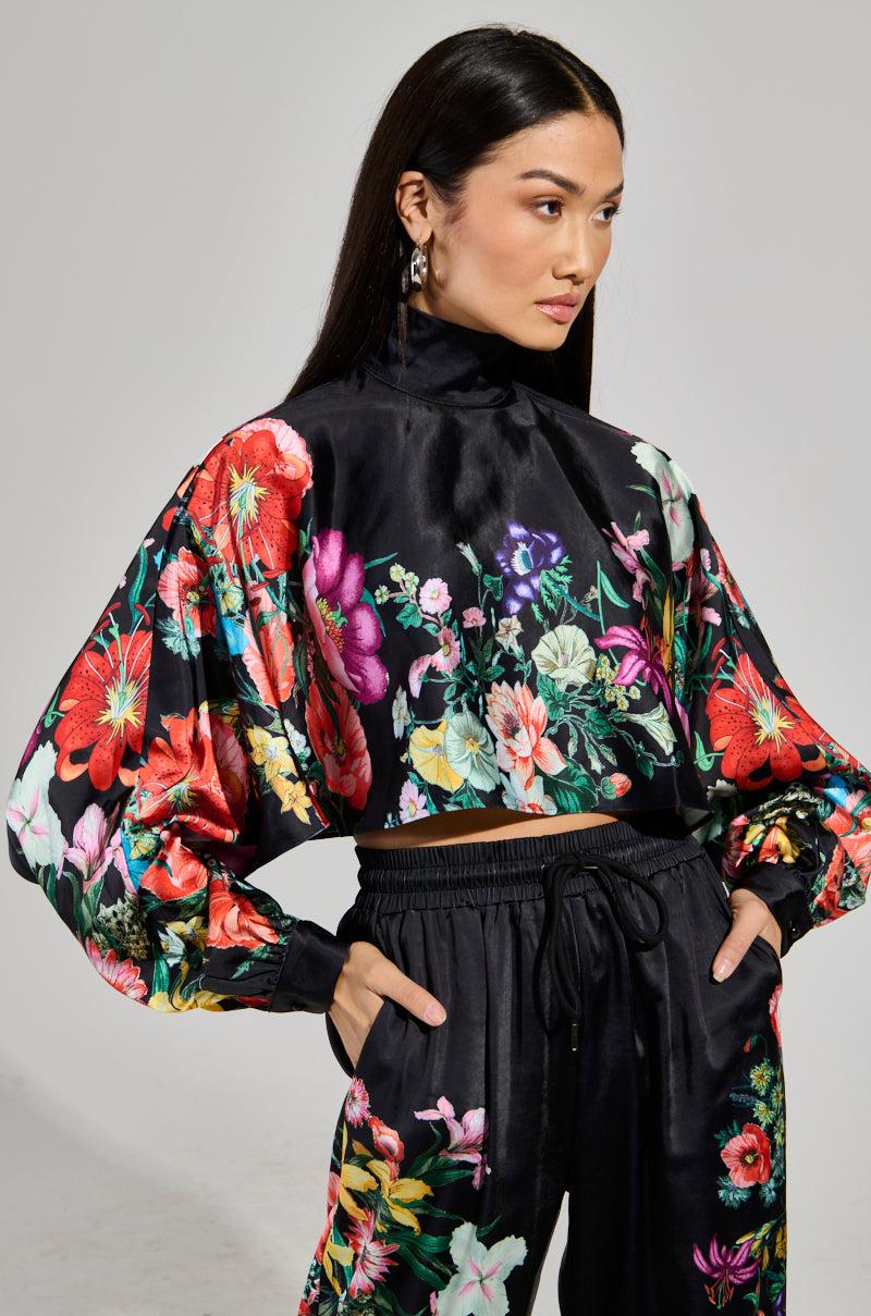 FULL BLOOM SATIN MOCK NECK BLOUSE Product Image