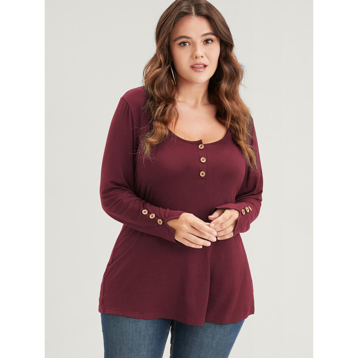 Plus Size Plain Button Front Scoop Neck Modal Long Tee Scarlet Women Elegant Button Plain Scoop Neck Bodycon Dailywear T-shirts BloomChic 18-20/2X Product Image