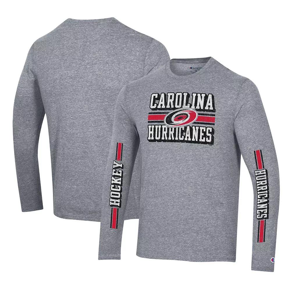 Men's Champion Heather Gray Carolina Hurricanes Tri-Blend Dual-Stripe Long Sleeve T-Shirt, Size: Small, Grey Product Image