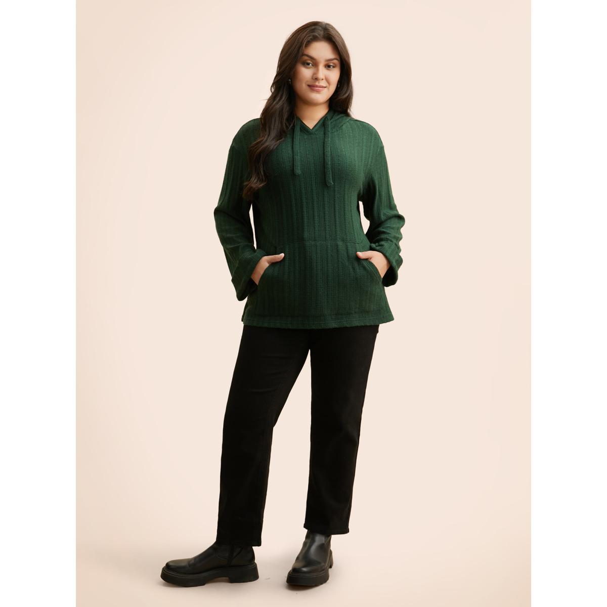 Plus Size Supersoft Essentials Textured Hooded Roll Sleeve Sweatshirt Women DarkGreen Casual Texture Hooded Everyday Sweatshirts BloomChic 10/M Product Image