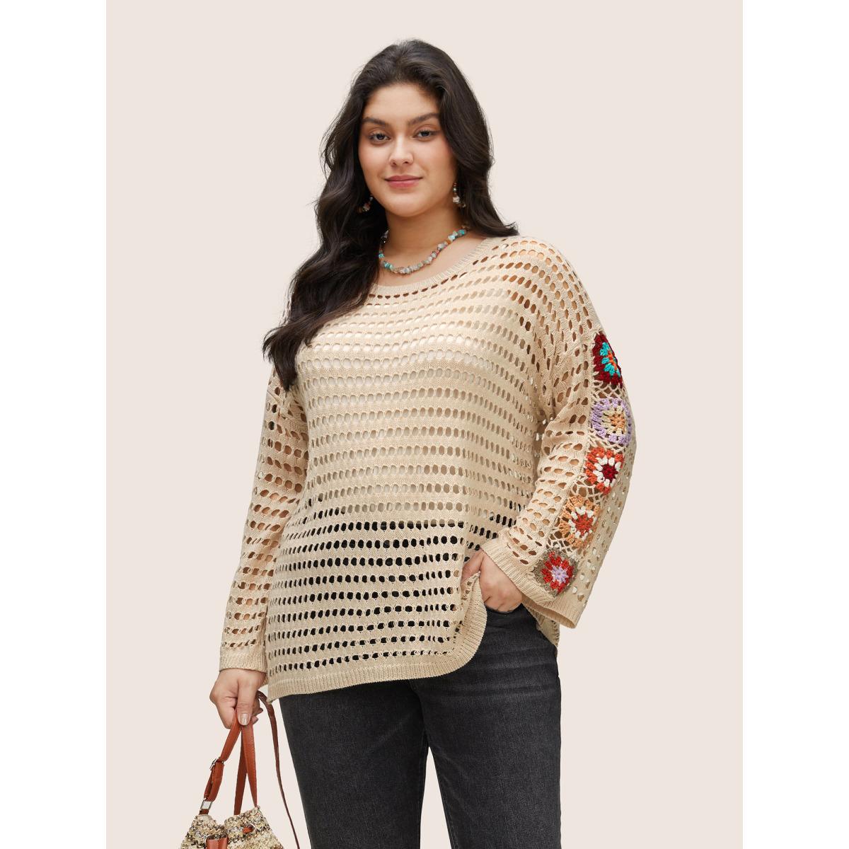 Plus Size Floral Crochet Pointelle Knit Pullover Apricot Women Resort Long Sleeve Round Neck Vacation Pullovers BloomChic 26/4X Product Image