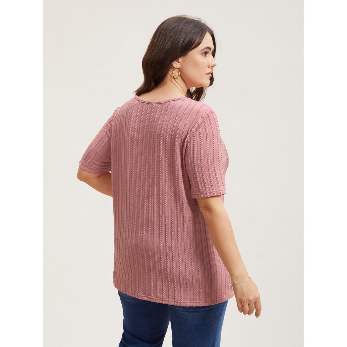 Plus Size Cable Knit Textured Round Neck T-Shirt Beanpastepowder Women Leisure Texture Round Neck Casual T-shirts BloomChic 26/4X Product Image