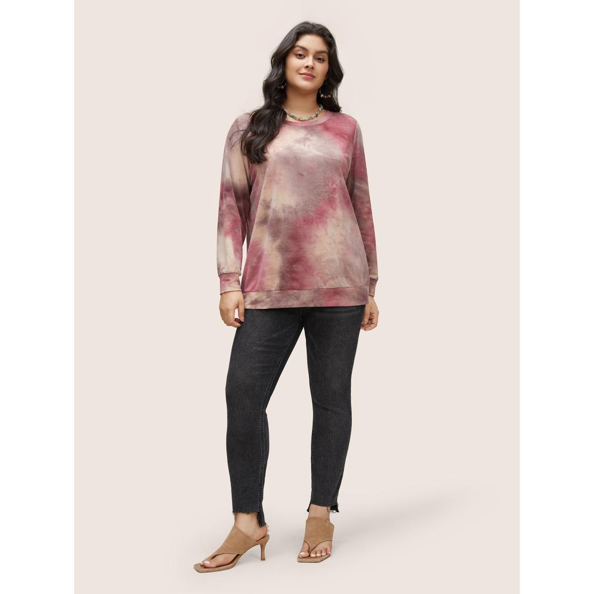 Plus Size Tie Dye Round Neck Sweatshirt Women Burgundy Casual Non Round Neck Everyday Sweatshirts BloomChic 10/M Product Image
