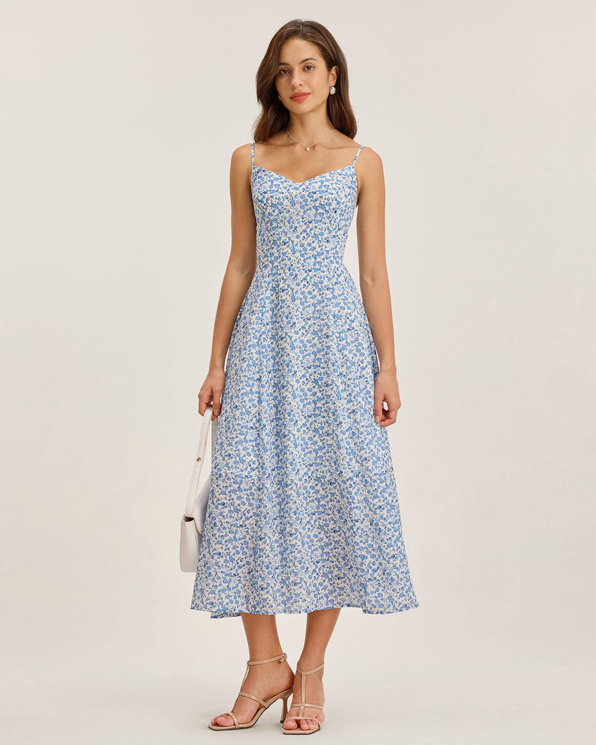 Blue Floral V Neck Shirred Slip Midi Dress Product Image